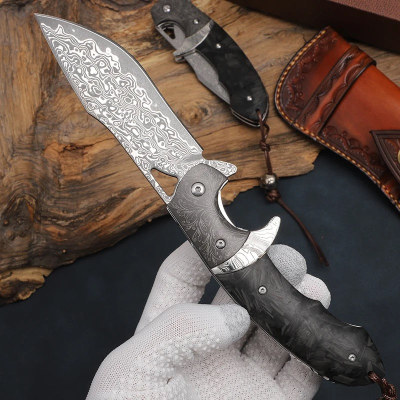 Hermes Damascus Steel Folding Pocket Knife with Carbon Fiber Handle