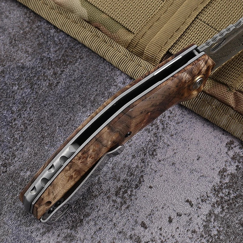 Tomahawk Damascus Pocket Knife with Clip and Exotic Olive Wood Handle
