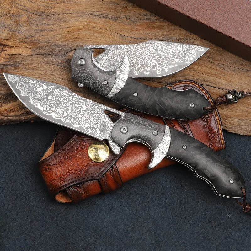 Hermes Damascus Steel Folding Pocket Knife with Carbon Fiber Handle