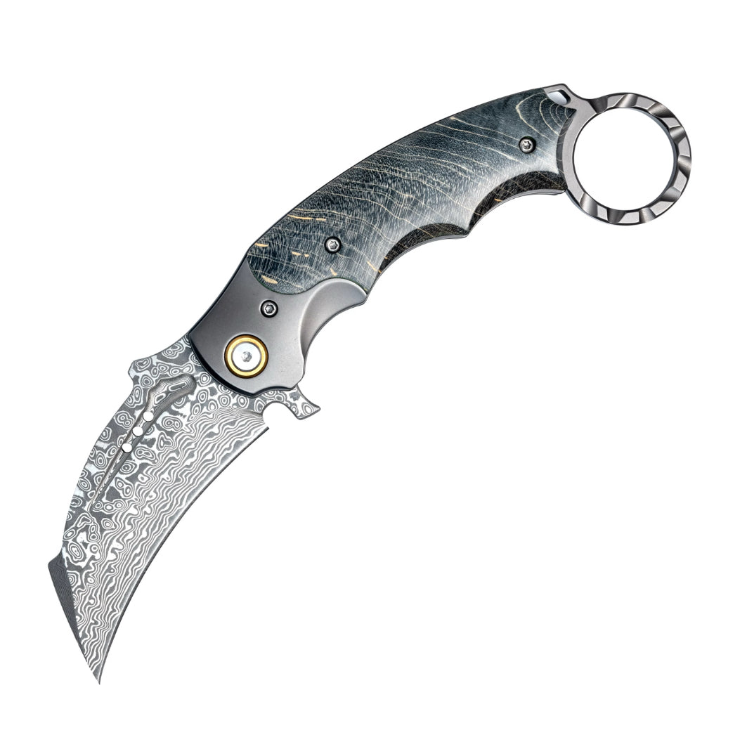 Falcon Japanese Damascus Pocket Knife with Exotic Stained Maple Burl Handle