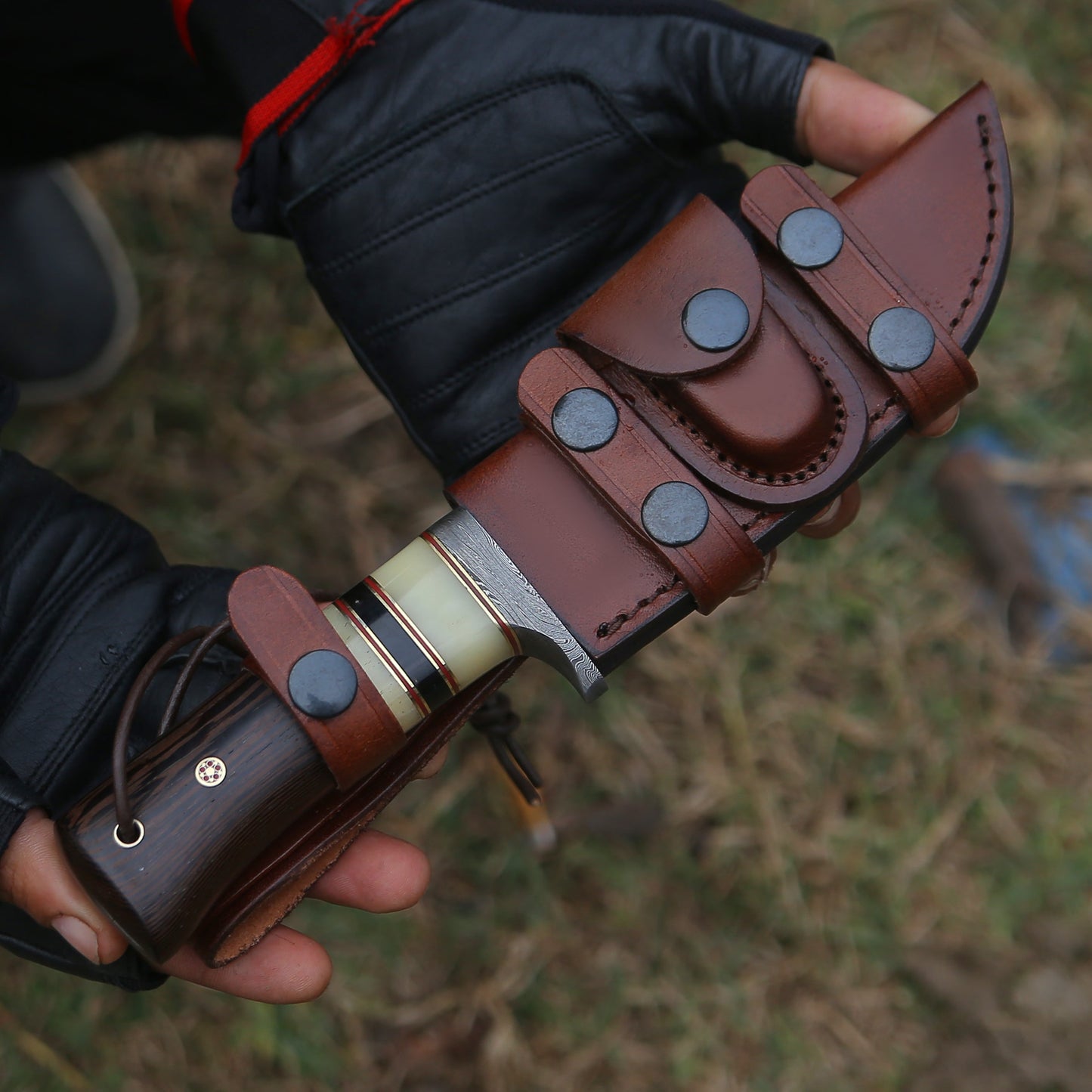 Nova Damascus Hunting Knife with Bone & Exotic Wenge Wood Handle