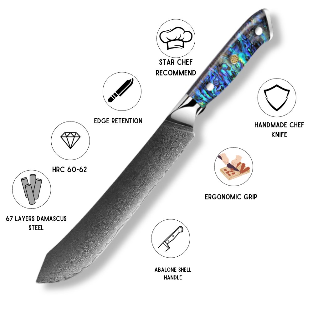 Ronin VG10 9" Chef Knife Damascus Steel Knife with Abalone Shell Handle