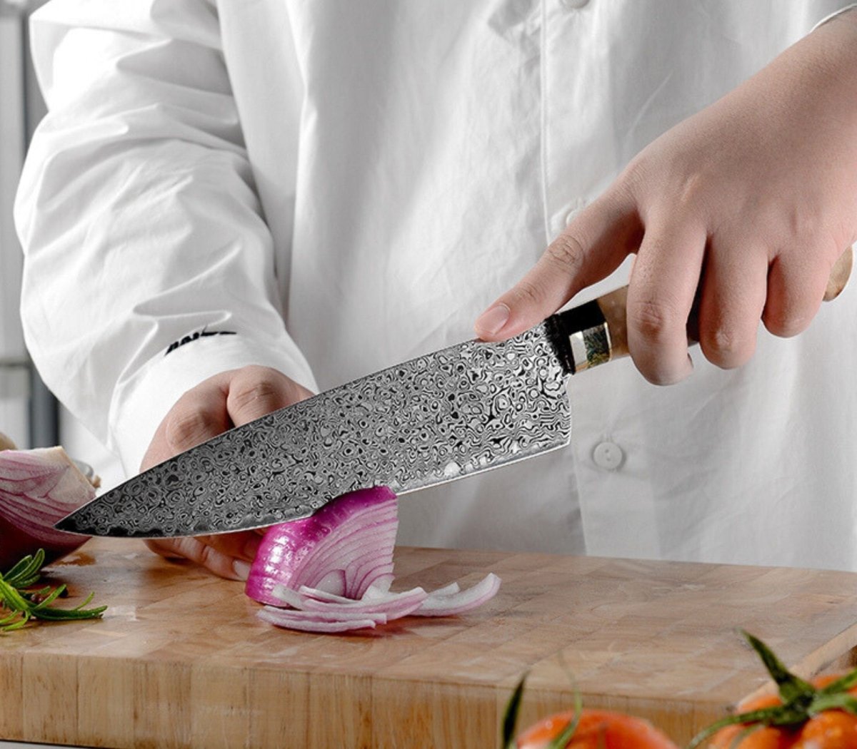 Shinobi VG10 Chef Knife with Exotic Olive Wood & Mother of Pearl Handle