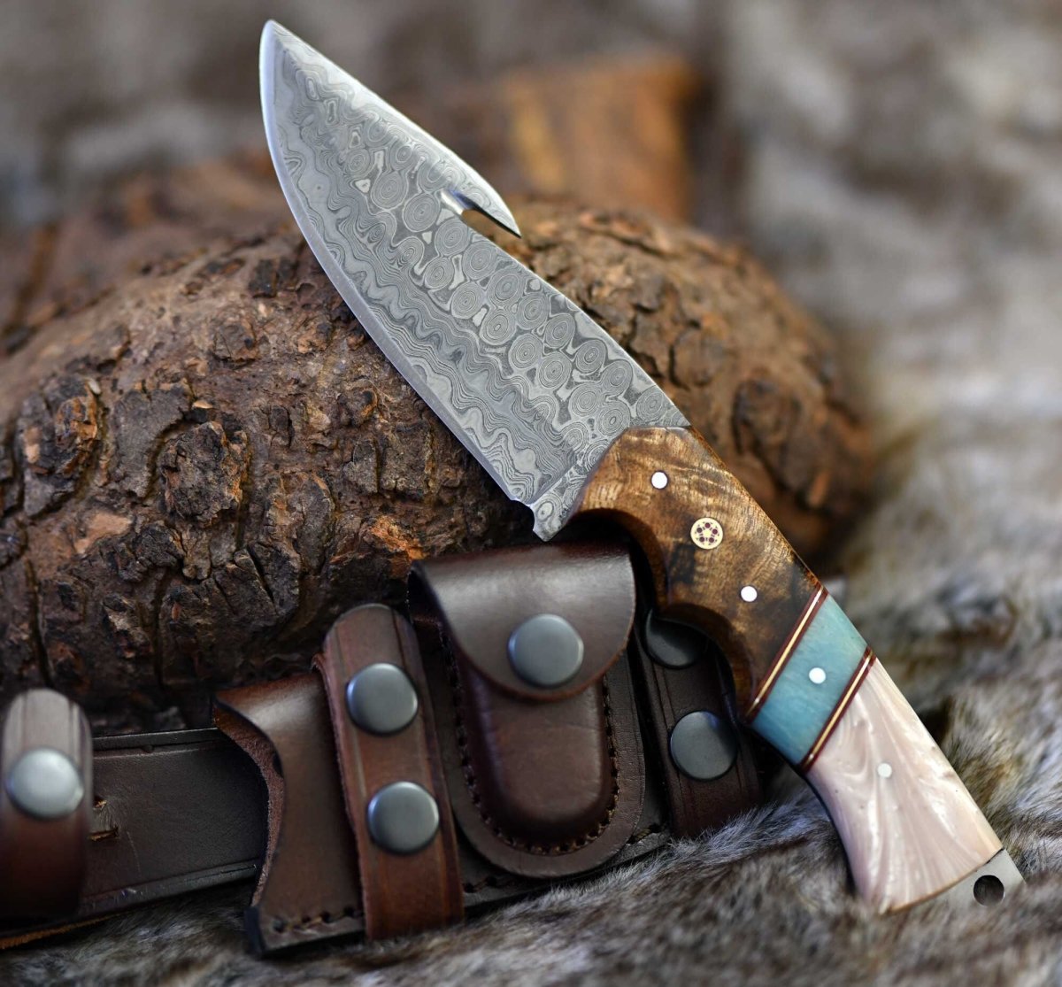 Voyager Damascus Gut Hook Knife with Exotic Rose Wood and Mother of Pearl Handle